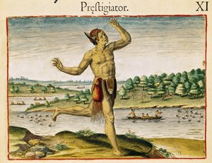 Theodre de Bryによって出版された「アドミランダナラティオ...」からのバージニア州の魔術師 作： Theodore de Bry